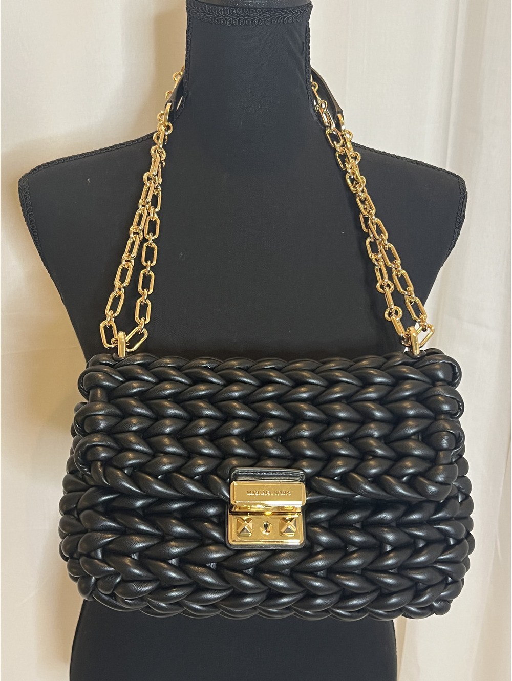 Michael Kors Tribeca Large Braided Leather Black Shoulder Crossbody Bag NWOT